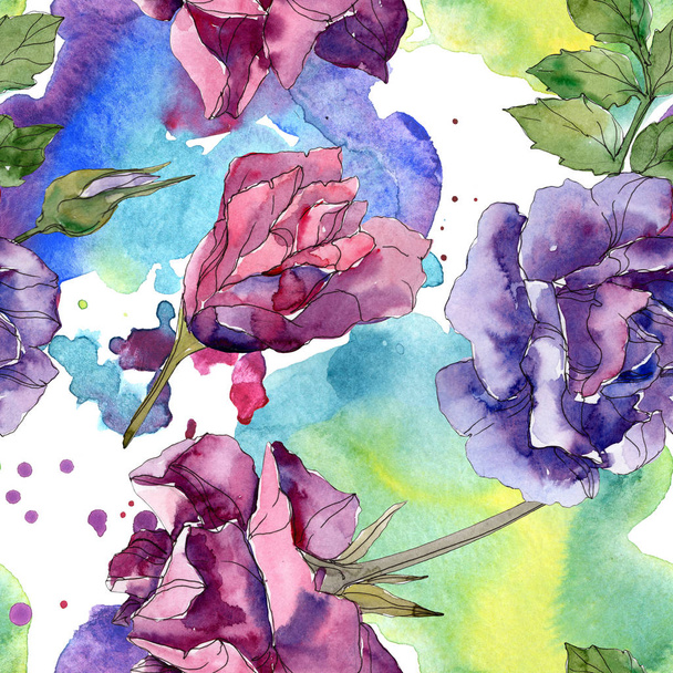 Purple and red rose botanical flowers. Wild spring leaf isolated. Watercolor illustration set. Watercolour drawing fashion aquarelle. Seamless background pattern. Fabric wallpaper print texture. - Photo, Image