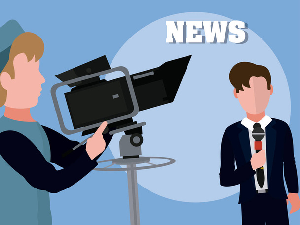 Mens news reporter transmitting live with camera man cartoon vector illustration graphic design - Vector, Image