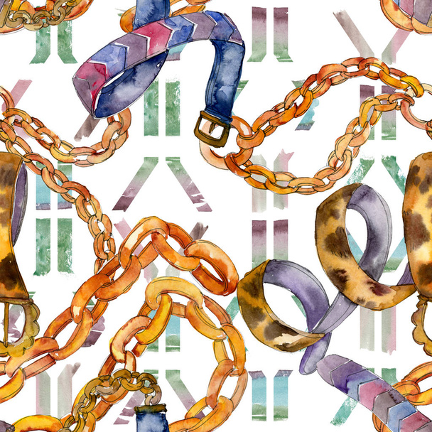 Leather and golden chain belts fashion glamour illustration in a watercolor style. Seamless background pattern. - Photo, Image