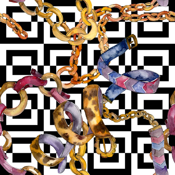 Cinturones de cuero y cadena dorada ilustración glamour moda en un estilo acuarela. Patrón de fondo sin costuras
. - Foto, Imagen