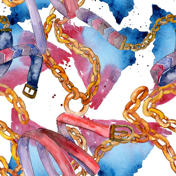 Leather and golden chain belts fashion glamour illustration in a watercolor style. Seamless background pattern. - 写真・画像