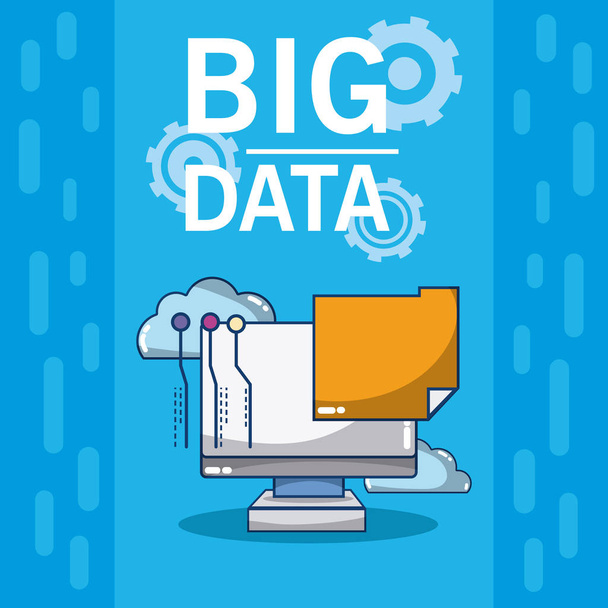 Big-Data-Computer mit Ordner und Cloud-Vektor-Illustration Grafikdesign - Vektor, Bild
