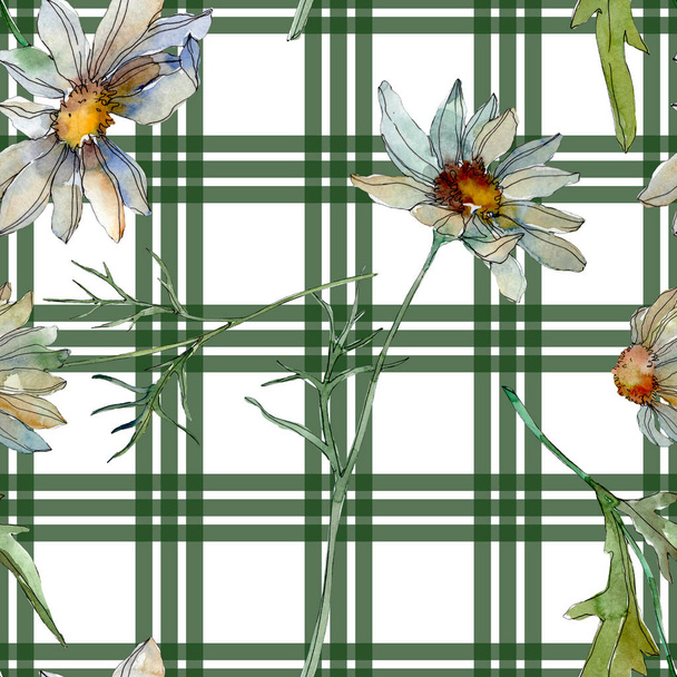 chamomiles with green leaves watercolor illustration, seamless background pattern - Φωτογραφία, εικόνα