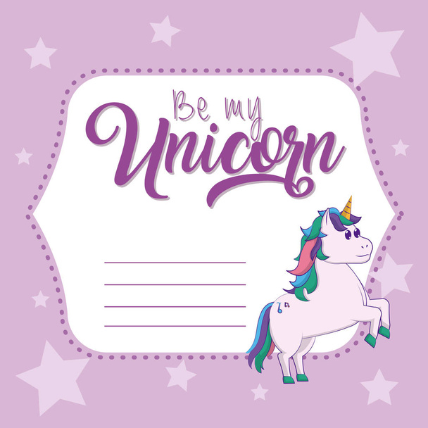 Sé mi tarjeta de unicornio con dibujos animados lindos y diseño gráfico de ilustración de vectores de marco de nota en blanco
 - Vector, imagen