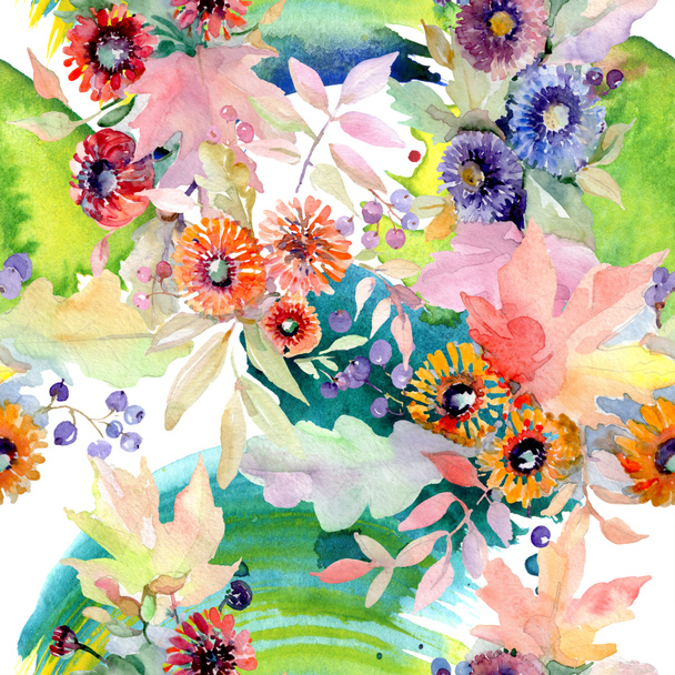 Bouquet floral botanical flowers. Wild spring leaf wildflower isolated. Watercolor illustration set. Watercolour drawing fashion aquarelle. Seamless background pattern. Fabric wallpaper print texture. - 写真・画像