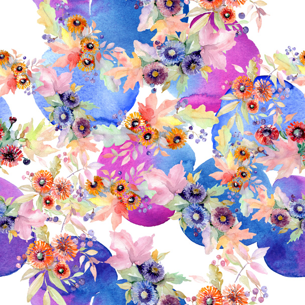 Bouquet floral botanical flowers. Wild spring leaf wildflower isolated. Watercolor illustration set. Watercolour drawing fashion aquarelle. Seamless background pattern. Fabric wallpaper print texture. - Foto, Imagen