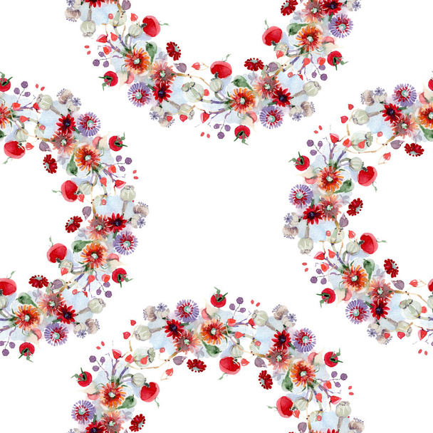 Strauß mit Blumen und Früchten. wildes Frühlingsblatt Wildblume isoliert. Aquarell-Illustrationsset vorhanden. Aquarell zeichnen Mode-Aquarell. nahtlose Hintergrundmuster. Stoff Tapete drucken Textur. - Foto, Bild