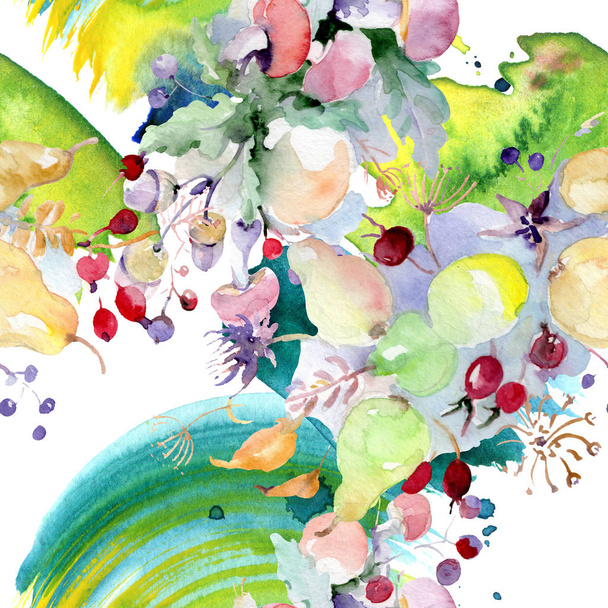 Bouquet with flowers and fruits. Wild spring leaf wildflower isolated. Watercolor illustration set. Watercolour drawing fashion aquarelle. Seamless background pattern. Fabric wallpaper print texture. - Zdjęcie, obraz