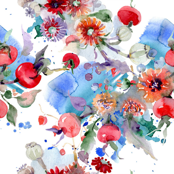 Bouquet with flowers and fruits. Wild spring leaf wildflower isolated. Watercolor illustration set. Watercolour drawing fashion aquarelle. Seamless background pattern. Fabric wallpaper print texture. - Foto, imagen
