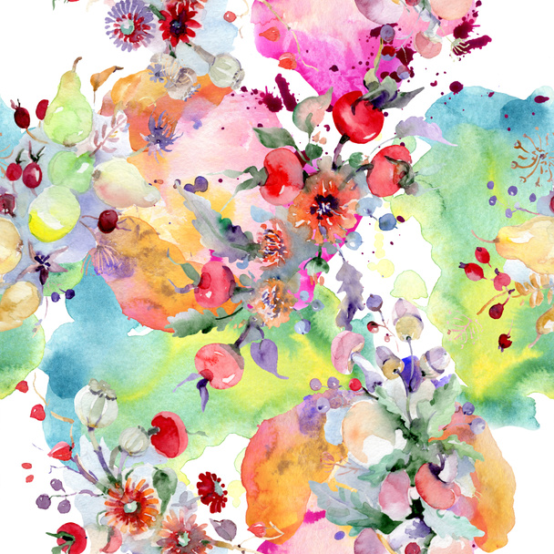 Bouquet with flowers and fruits. Wild spring leaf wildflower isolated. Watercolor illustration set. Watercolour drawing fashion aquarelle. Seamless background pattern. Fabric wallpaper print texture. - Фото, изображение