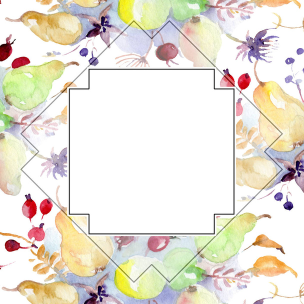 Bouquet with flowers and fruits. Wild spring leaf wildflower isolated. Watercolor background illustration set. Watercolour drawing fashion aquarelle isolated. Frame border ornament square. - Foto, imagen