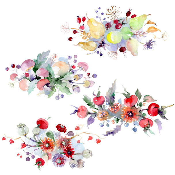 Bouquet with flowers and fruits. Wild spring leaf wildflower isolated. Watercolor background illustration set. Watercolour drawing fashion aquarelle. Isolated bouquet illustration element. - 写真・画像