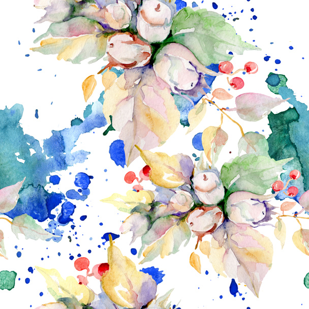 秋の森のフルーツの香り 野生春葉が分離されました 水彩画背景イラスト セット 水彩描画ファッション Aquarelle 孤立した花束の図要素 ロイヤリティフリー写真 画像素材