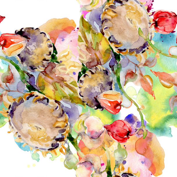 Bouquet of autumn forest fruits. Wild spring leaf isolated. Watercolor illustration set. Watercolour drawing fashion aquarelle isolated. Seamless background pattern. Fabric wallpaper print texture. - Photo, image