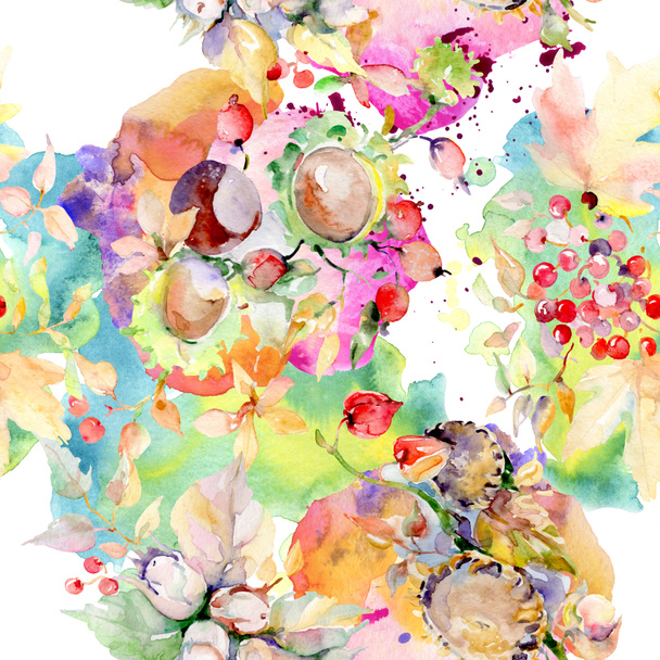 Bouquet of autumn forest fruits. Wild spring leaf isolated. Watercolor illustration set. Watercolour drawing fashion aquarelle isolated. Seamless background pattern. Fabric wallpaper print texture. - 写真・画像