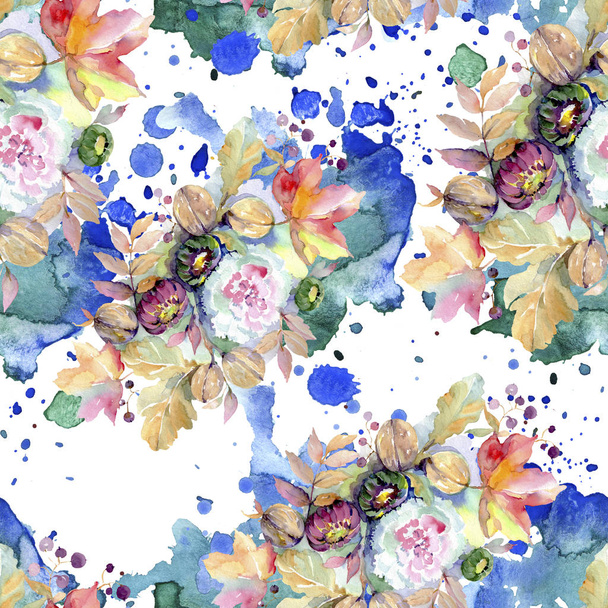 Bouquets floral botanical flower. Wild spring leaf isolated. Watercolor illustration set. Watercolour drawing fashion aquarelle isolated. Seamless background pattern. Fabric wallpaper print texture. - Photo, Image
