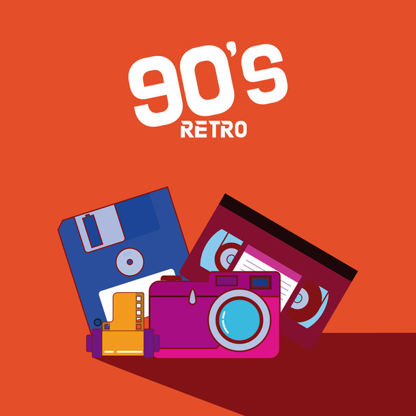 90er Retro-Cartoons mit vhs-Disketten und Kamera-Vektor-Illustration Grafik-Design - Vektor, Bild