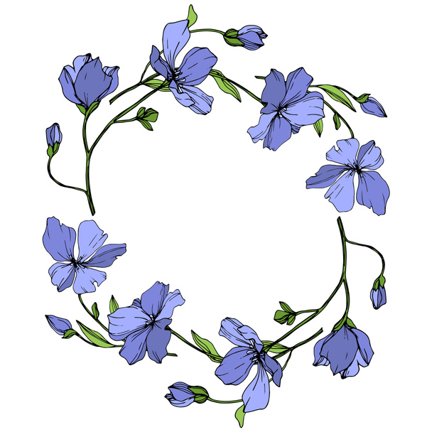 Vector niebieski len botaniczny kwiat kwiatowy. Wiosna dzikiego wildflower liść na białym tle. Grawerowane atrament sztuki. Ramki granicznej ornament square. - Wektor, obraz