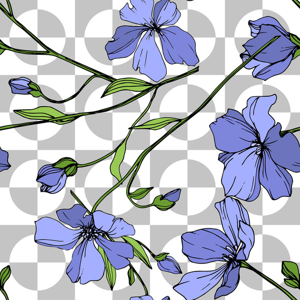 Vector blauwe vlas floral botanische bloem. Wild voorjaar blad wildflower geïsoleerd. Gegraveerde inkt art. Naadloze achtergrondpatroon. Structuur behang print textuur. - Vector, afbeelding
