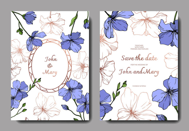 Διάνυσμα floral βοτανικό λουλούδι μπλε λινάρι. Άγρια άνοιξη φύλλων wildflower απομονωμένη. Χαραγμένο μελάνι τέχνης. Γάμος φόντο κάρτα floral διακοσμητικά σύνορα. Κομψή κάρτα γραφικών εικονογράφηση θέσει πανό. - Διάνυσμα, εικόνα