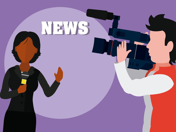 Vrouw nieuwsverslaggever zenden live met de camera man cartoon vector illustratie grafisch ontwerp - Vector, afbeelding