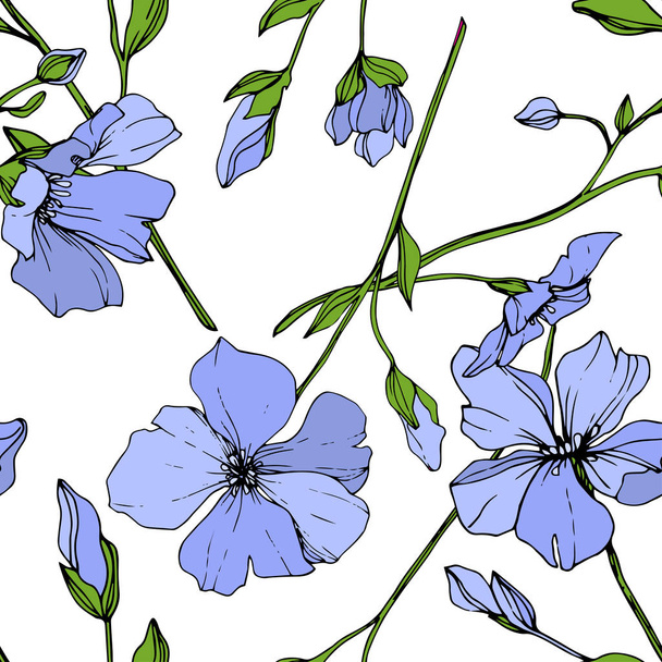 Διάνυσμα floral βοτανικό λουλούδι μπλε λινάρι. Άγρια άνοιξη φύλλων wildflower απομονωμένη. Χαραγμένο μελάνι τέχνης. Απρόσκοπτη υπόβαθρο μοτίβο. Ύφασμα ταπετσαρία υφή. - Διάνυσμα, εικόνα