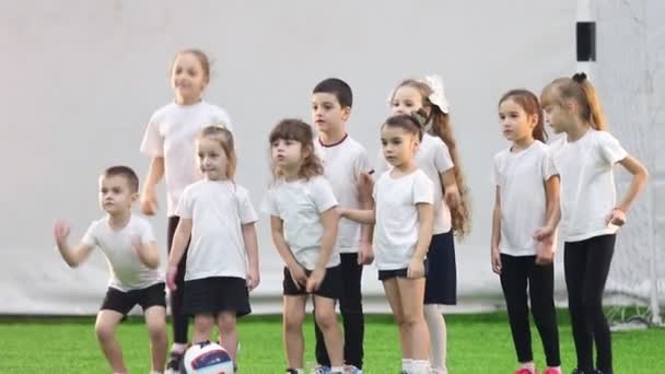 屋内フットボール競技場。チームのためにポーズの小さな子供たちのサッカー チーム写真ジャンプ - 映像、動画