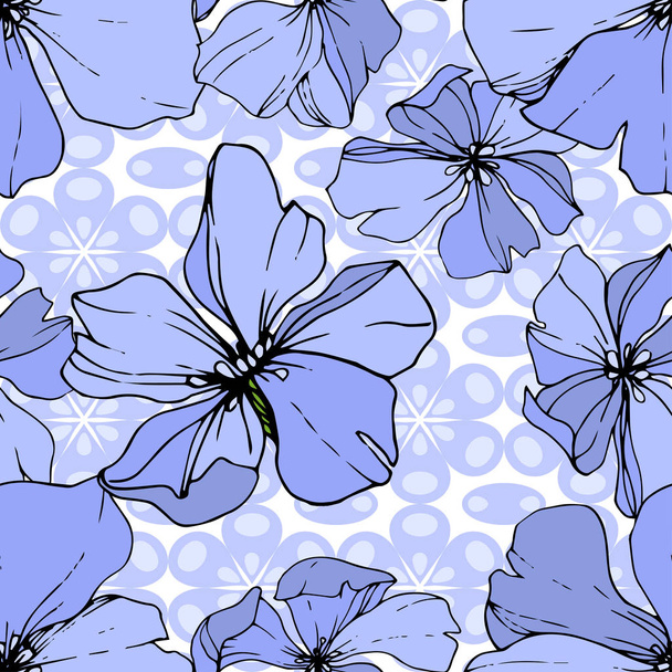 Vektori Blue Flax kukka kasvitieteellinen kukka. Villi kevään lehti luonnonvarainen kukka eristetty. Kaiverrettua mustetaidetta. Saumaton taustakuvio. Kangas tapetti tulostaa rakenne
. - Vektori, kuva