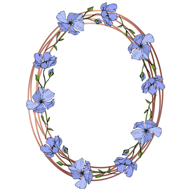 Vector Flax bleu fleur botanique florale sur fond blanc. Feuille sauvage de printemps fleur sauvage isolée. Encre gravée. Cadre bordure ornement carré
. - Vecteur, image