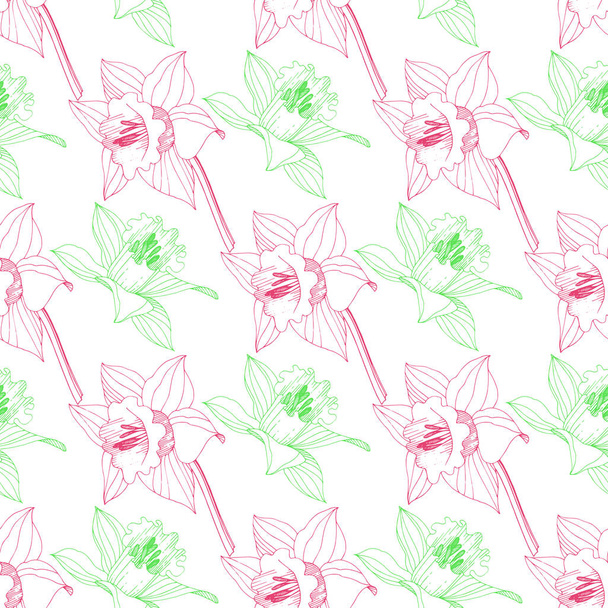 Vector Narcissus floral botanical flower. Wild spring leaf wildflower isolated. Pink and green engraved ink art. Seamless background pattern. Fabric wallpaper print texture. - Vector, Image
