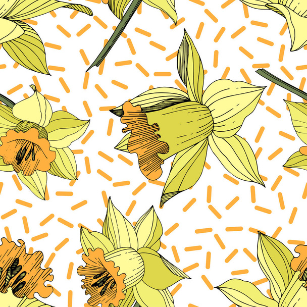 Vector Yellow Narcissus floral botanical flower. Wild spring leaf wildflower isolated. Engraved ink art. Seamless background pattern. Fabric wallpaper print texture. - Vetor, Imagem