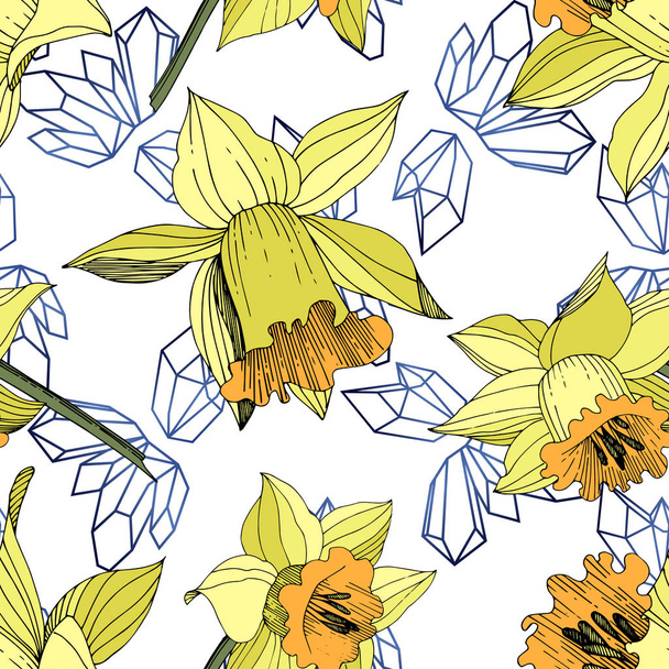 Διάνυσμα floral κίτρινος νάρκισσος λουλούδι βοτανική. Άγρια άνοιξη φύλλων wildflower απομονωμένη. Χαραγμένο μελάνι τέχνης. Απρόσκοπτη υπόβαθρο μοτίβο. Ύφασμα ταπετσαρία υφή. - Διάνυσμα, εικόνα