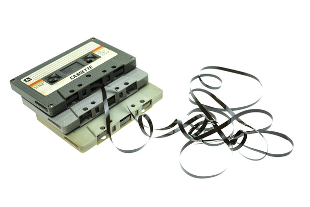 Vintage compact cassette tape on white background, Close up set of old audio tapes - Photo, Image