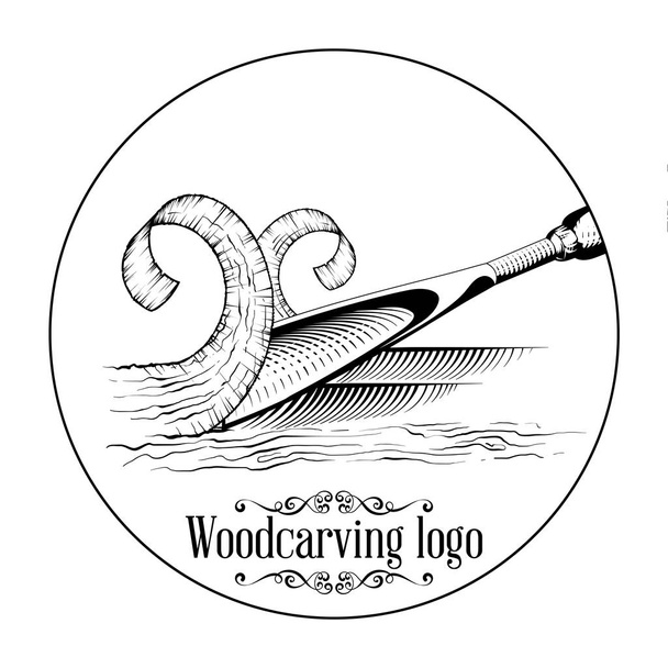 Logotype de sculpture sur bois Illustration avec un ciseau, coupe d'une tranche de bois, logo de style vintage, gravure isolée en noir et blanc
. - Vecteur, image