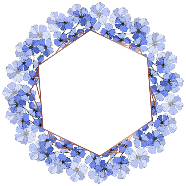 Vector blauwe vlas floral botanische bloem op witte achtergrond. Wild voorjaar blad wildflower geïsoleerd. Gegraveerde inkt art. Frame grens ornament vierkant. - Vector, afbeelding