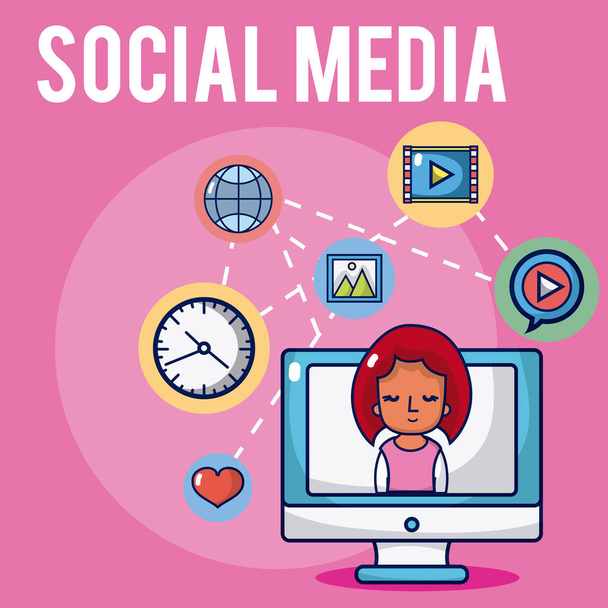 Mädchen auf Computerbildschirm mit Social-Media-Symbolen Vektor-Illustration Grafik-Design - Vektor, Bild
