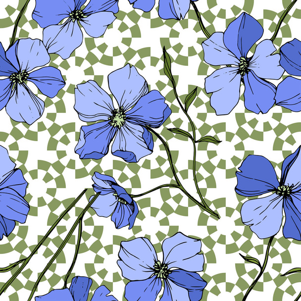 Flor botânica floral Vector Blue Flax. Folha selvagem primavera wildflower isolado. Arte de tinta gravada. Padrão de fundo sem costura. Tecido papel de parede impressão textura
. - Vetor, Imagem