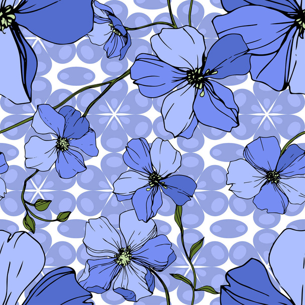 Vektor kék len botanikai virág virág. Vad tavaszi levél vadvirág elszigetelt. Vésett tinta art. Varratmentes háttérben minta. Anyagot a nyomtatási textúrát. - Vektor, kép