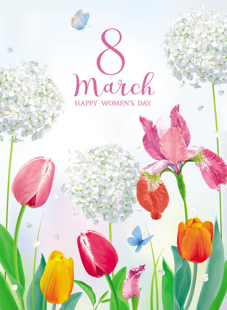 Τουλίπες και ανοιξιάτικα λουλούδια στον εκπληκτικό κήπο για την ημέρα της γυναίκας 8 Μαρτίου. Floral διάνυσμα κάρτα σε στυλ υδατογραφίας με γράμματα σχεδιασμού - Διάνυσμα, εικόνα