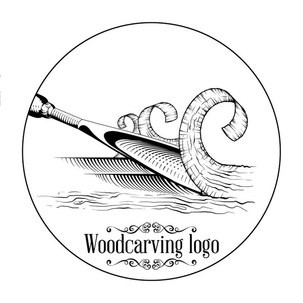 Oymacılığı logo illüstrasyon bir keski ile kesme bir ahşap dilim, vintage tarzı logo, siyah ve beyaz gravür izole. - Vektör, Görsel