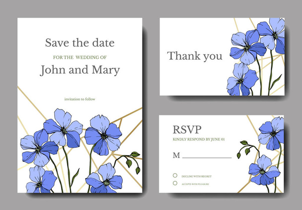 Vector Blue Flax floral botanical flower. Engraved ink art. Wedding background card floral decorative border. Thank you, rsvp, invitation elegant card illustration graphic set banner. - Vector, Image