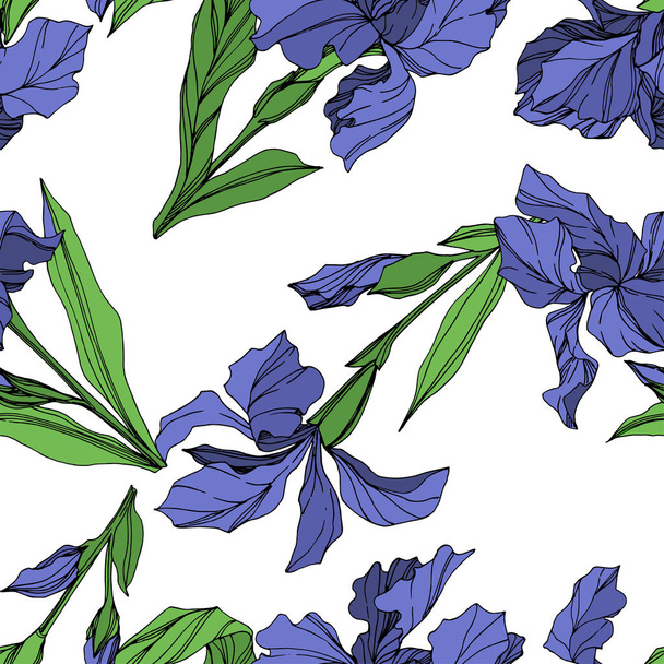 Vektorové Blue iris květinové botanické květin. Divoký jarní listové wildflower izolován. Modré a zelené ryté inkoust umění. Vzor bezešvé pozadí. Fabric tapety tisku textura. - Vektor, obrázek