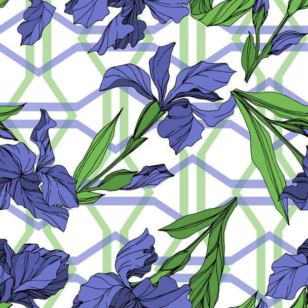 Vector Blue iris floral botanical flower. Wild spring leaf wildflower isolated. Blue and green engraved ink art. Seamless background pattern. Fabric wallpaper print texture. - ベクター画像