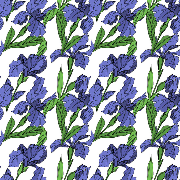 Vector Blue iris floral botanical flower. Wild spring leaf wildflower isolated. Blue and green engraved ink art. Seamless background pattern. Fabric wallpaper print texture. - Vector, Image