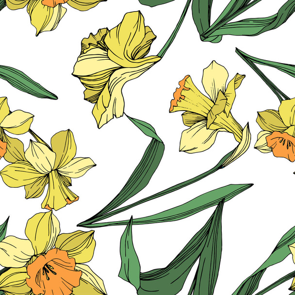 Vector Yellow Narcissus floral botanical flower. Wild spring leaf wildflower isolated. Engraved ink art. Seamless background pattern. Fabric wallpaper print texture. - Vector, imagen