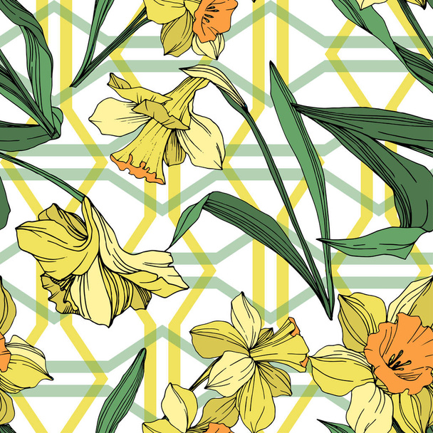 Vector Yellow Narcissus floral botanical flower. Wild spring leaf wildflower isolated. Engraved ink art. Seamless background pattern. Fabric wallpaper print texture. - Vetor, Imagem