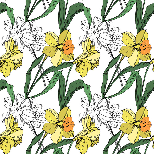 Vector Yellow Narcissus floral botanical flower. Wild spring leaf wildflower isolated. Engraved ink art. Seamless background pattern. Fabric wallpaper print texture. - Vektor, kép
