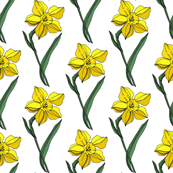 Vector Yellow Narcissus floral botanical flower. Wild spring leaf wildflower isolated. Engraved ink art. Seamless background pattern. Fabric wallpaper print texture. - Vektor, obrázek