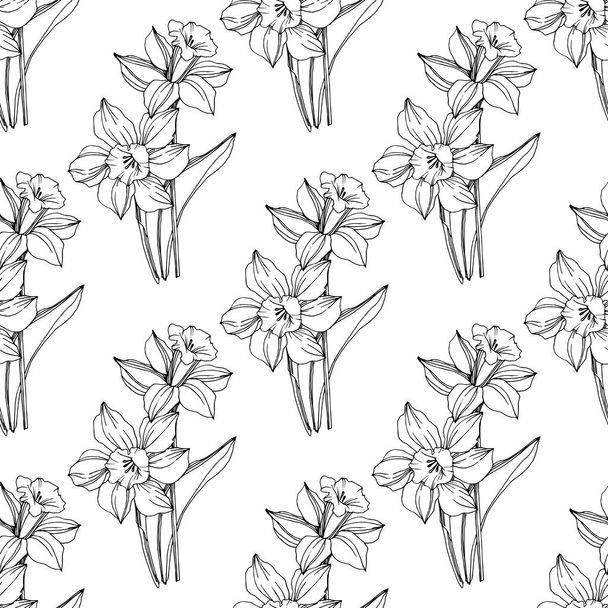 Vector Narcissus floral botanical flower. Wild spring leaf wildflower isolated. Black and white engraved ink art. Seamless background pattern. Fabric wallpaper print texture. - Vektor, obrázek