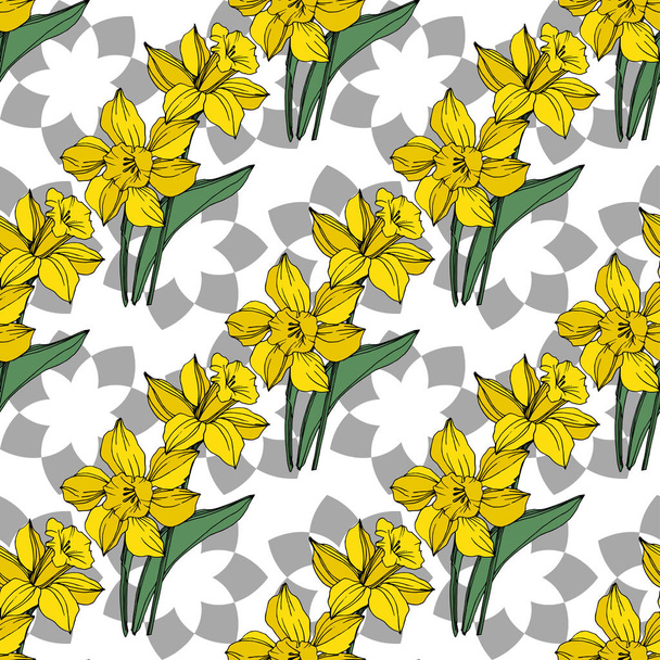 Vector Yellow Narcissus floral botanical flower. Wild spring leaf wildflower isolated. Engraved ink art. Seamless background pattern. Fabric wallpaper print texture. - Vector, Imagen